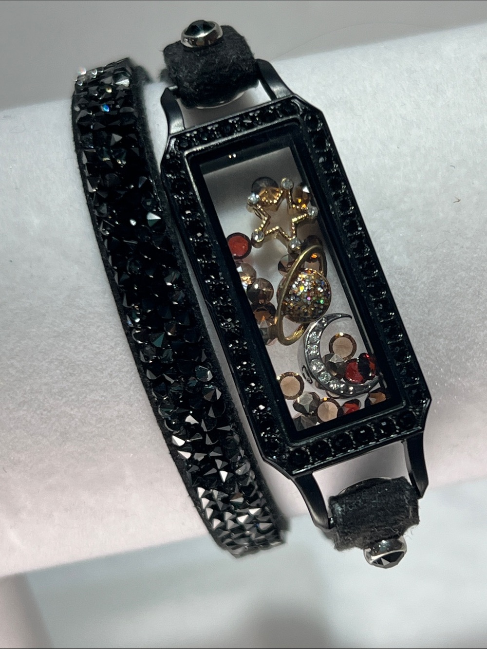 Origami Owl Black Crystal Wrap Living Locket Bracelet with Gold & Silver Charms